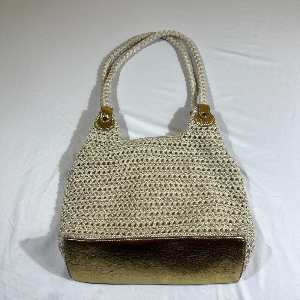 Luxy Crochet Tote Bag Cream Woven Straw Metallic Gold Base Summer Handbag